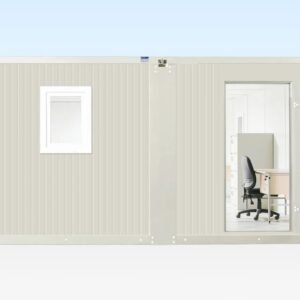 Due uffici container pieghevoli collegati, 6,5x4,6 metri totali, finitura grigio bianco
